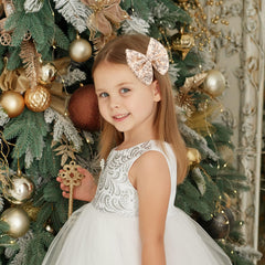 CN wedding party accessory: gold glitter hair bow for formal looks.