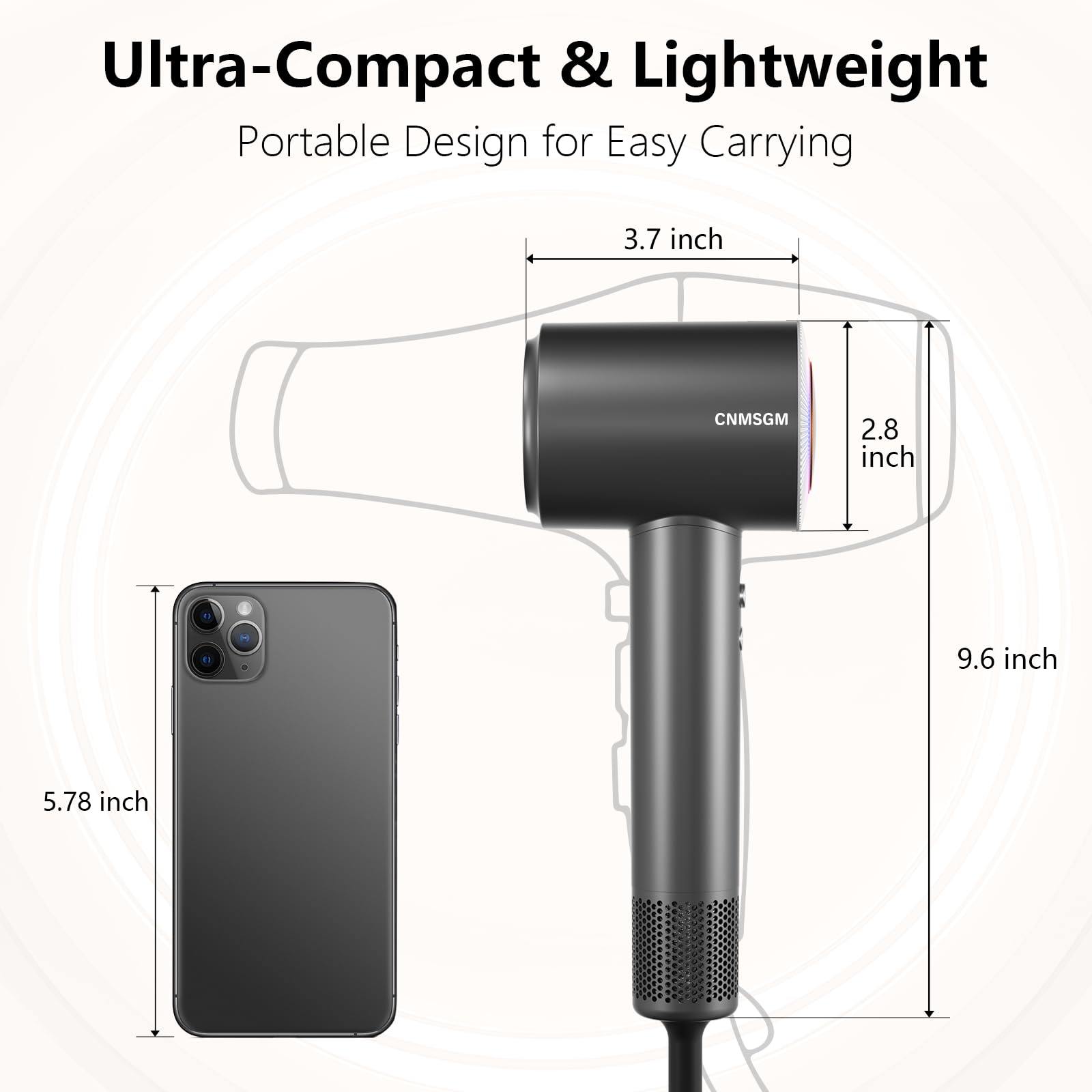 CNMSGM hair dryer compact black-gray design suits travel.