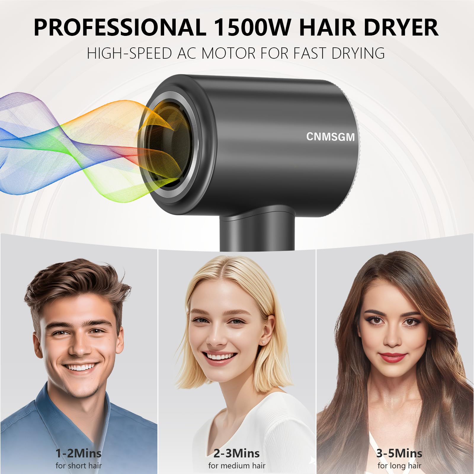 CNMSGM hair dryer LED temperature ring shows heat modes for control.