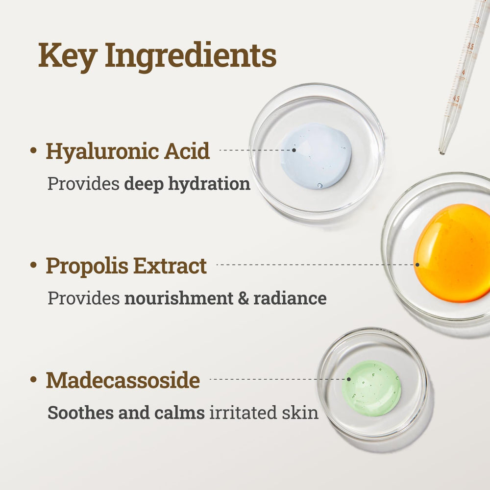 CNP Honey Glow Serum propolis ampoule emphasizes soothing nourishment for irritated skin.