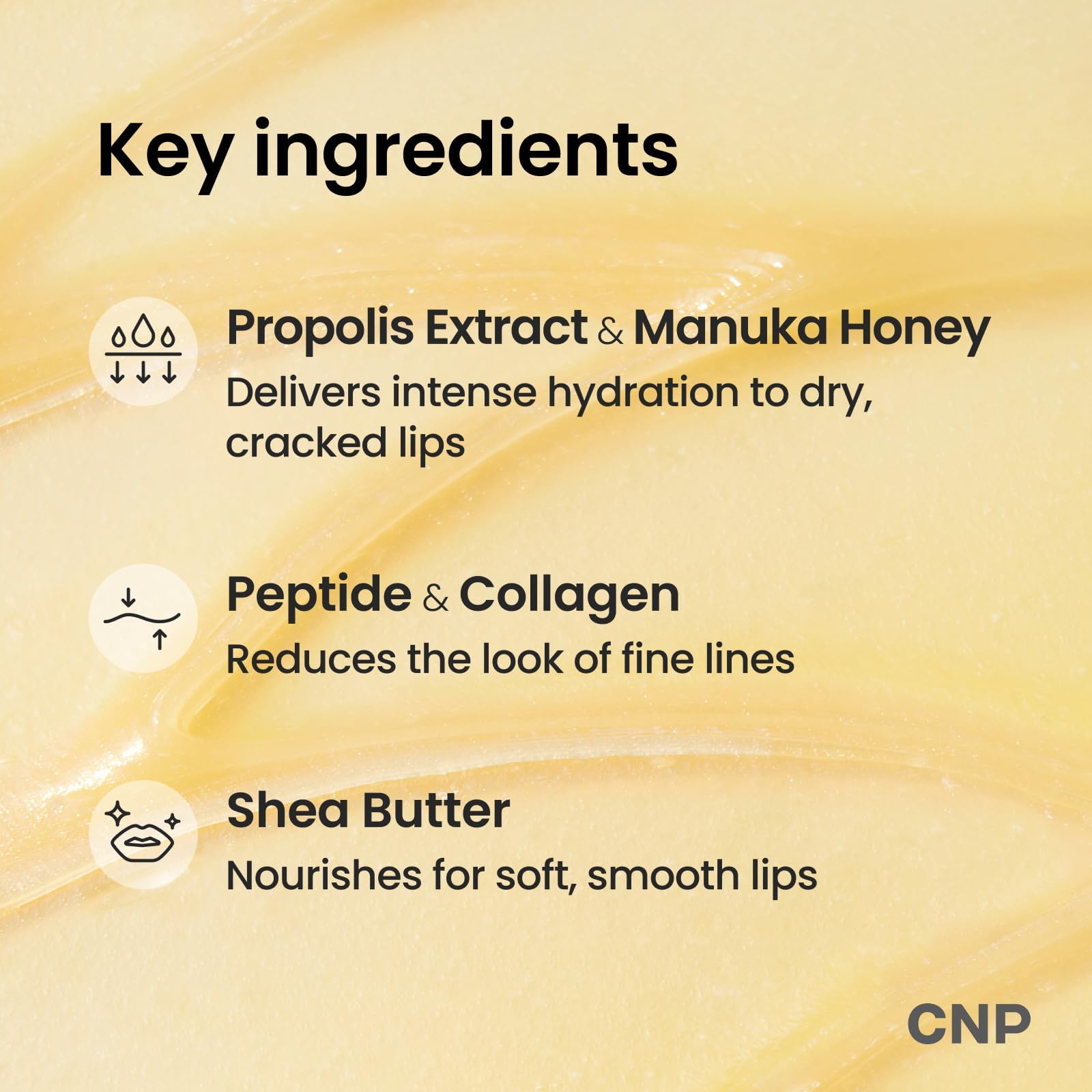 CNP Honey Lip Butter propolis texture on lips demonstrates nourishing care.