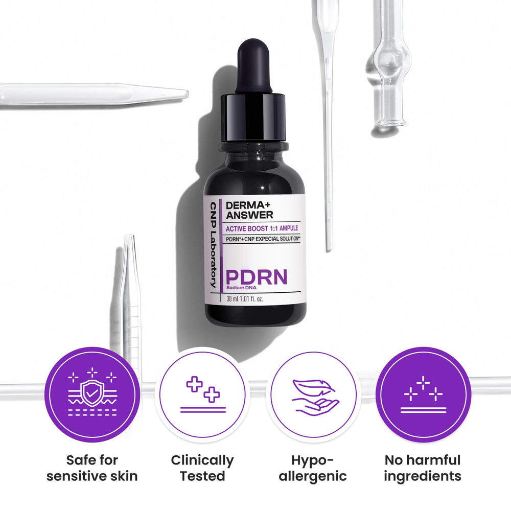 CNP PDRN Active Boost Serum in-use image suggests nurturing, age-defying skincare routine