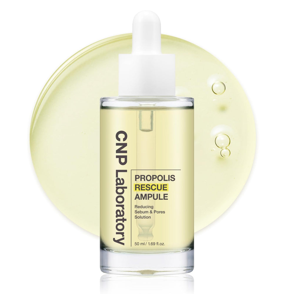 CNP Rescue+Propolis Serum bottle close-up shows soothing hydration for sensitive skin