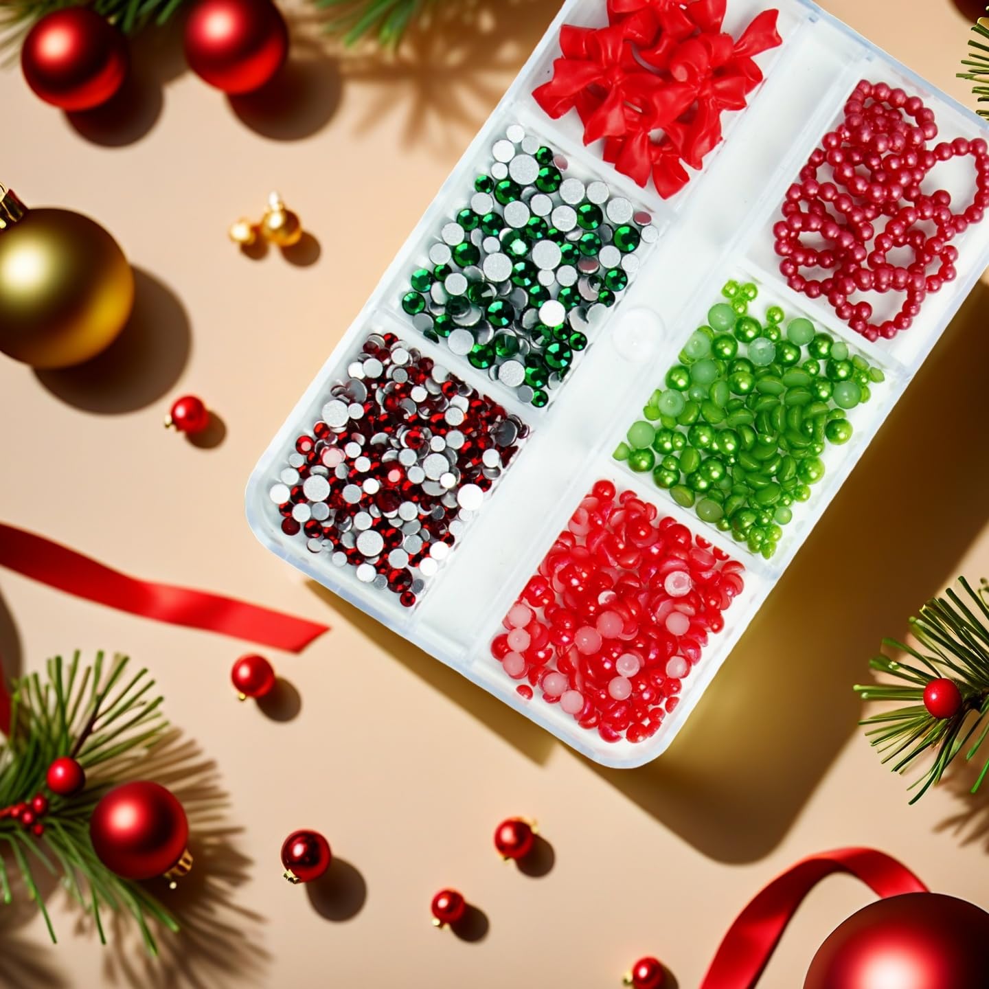 CnSybaris red-green beads and bows for nail accents