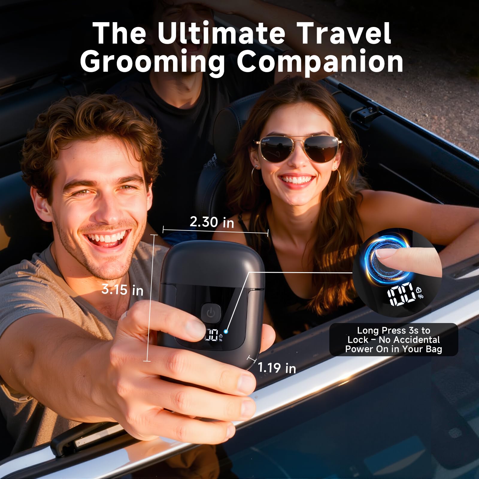 Cnunkn compact travel shaver with travel lock to prevent activation.