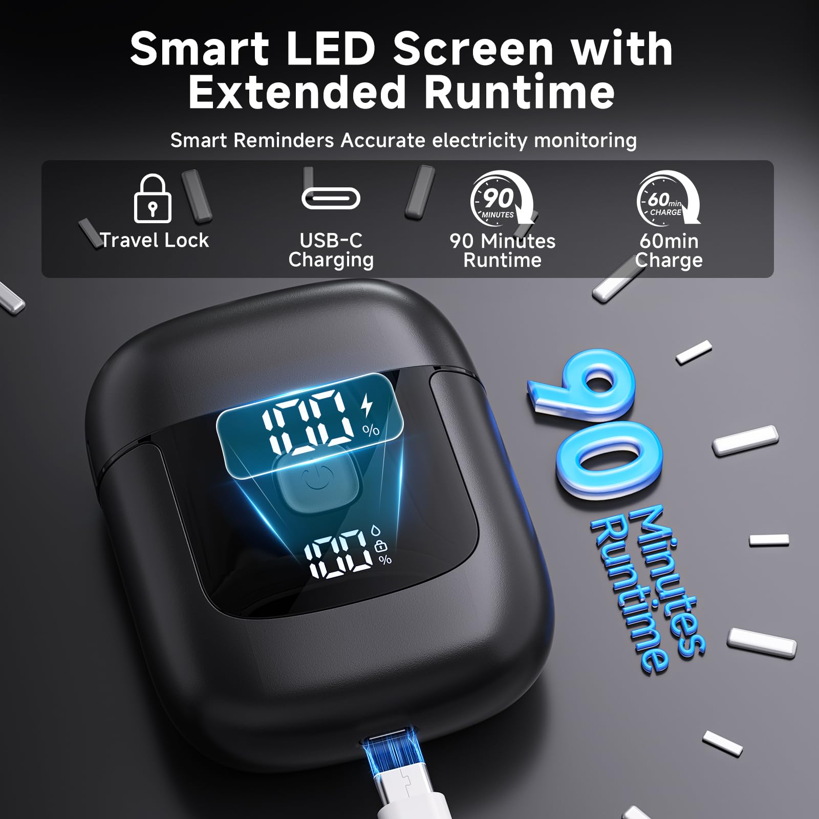 Cnunkn shaver displays LED charging status for easy power planning.
