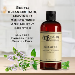 Label close-up of C.O. Bigelow Lavender Peppermint Shampoo highlights sulfate-free formula.