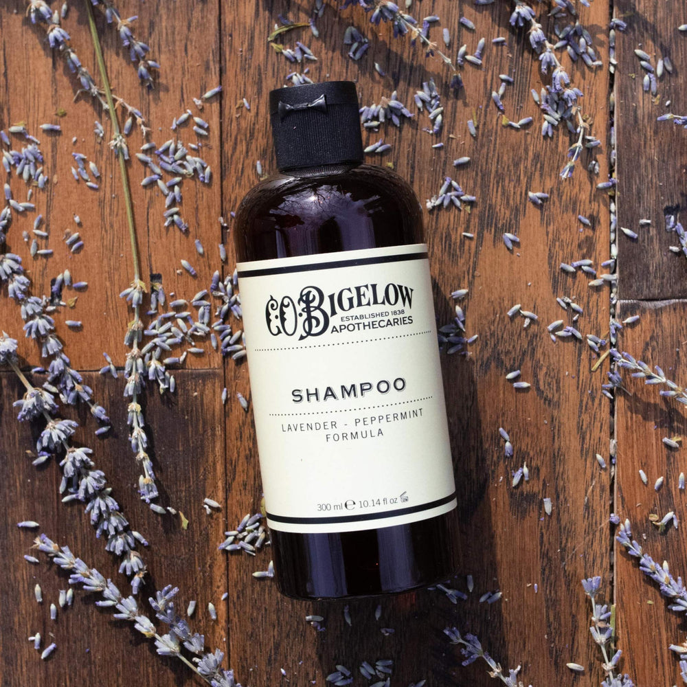C.O. Bigelow Lavender Peppermint Shampoo lather showing cleansing action.