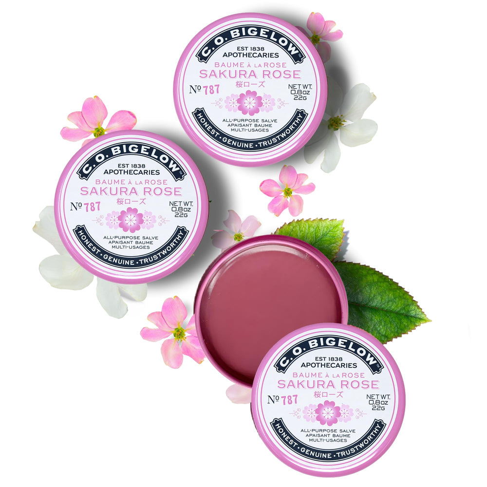 C.O. Bigelow Sakura Rose Salve tin used to tame brows and flyaways.