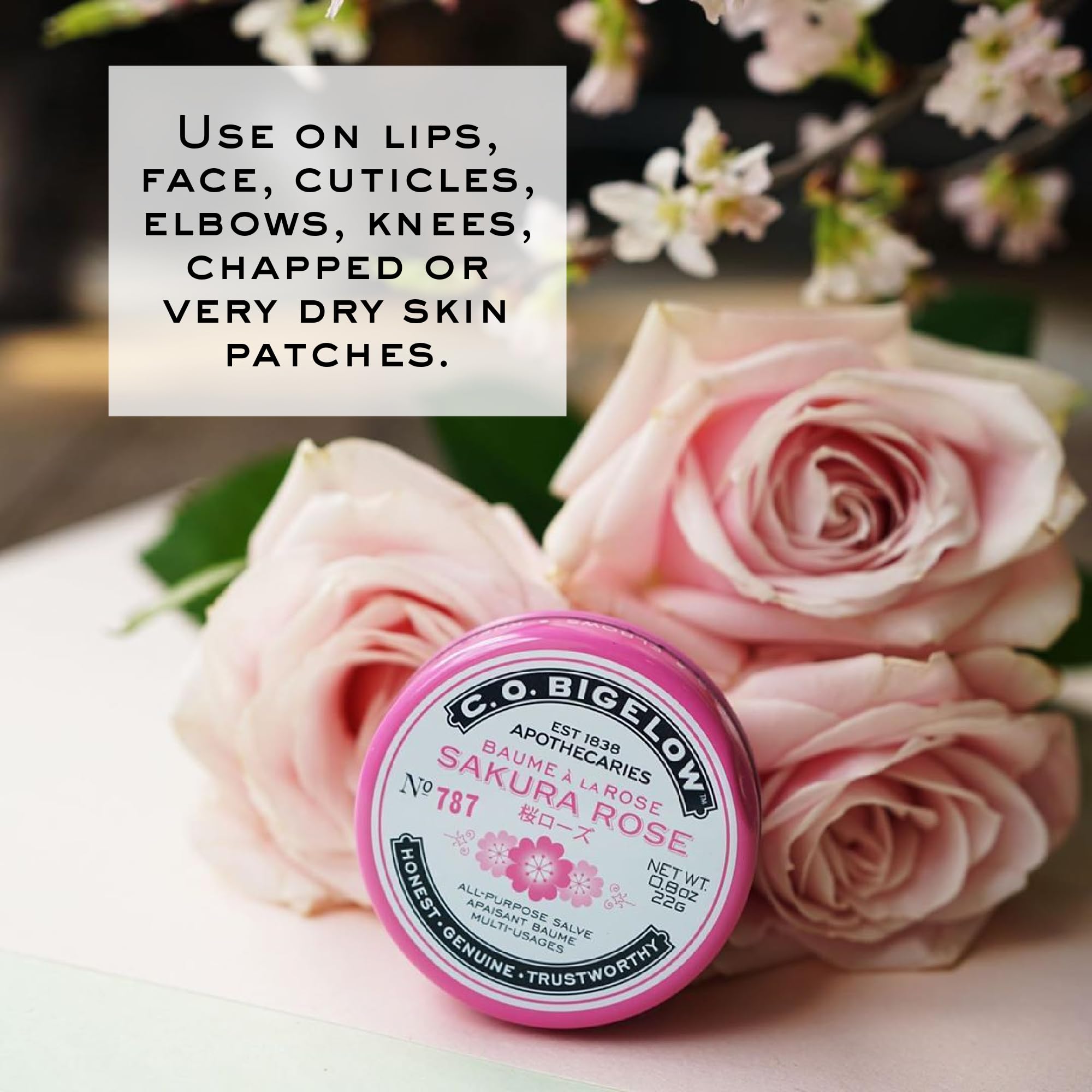 C.O. Bigelow Sakura Rose Salve tin applied to cuticles for softening.