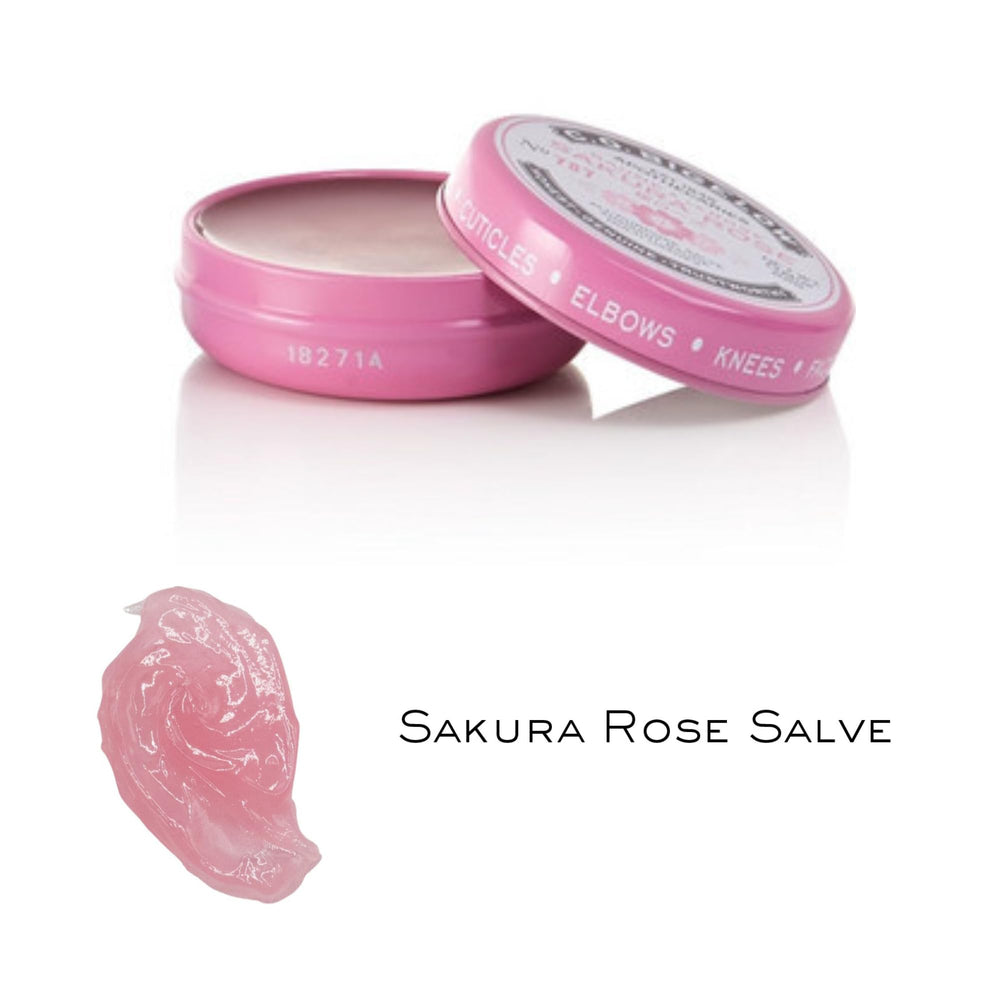 C.O. Bigelow Sakura Rose Salve tin used on hands for dry skin relief.