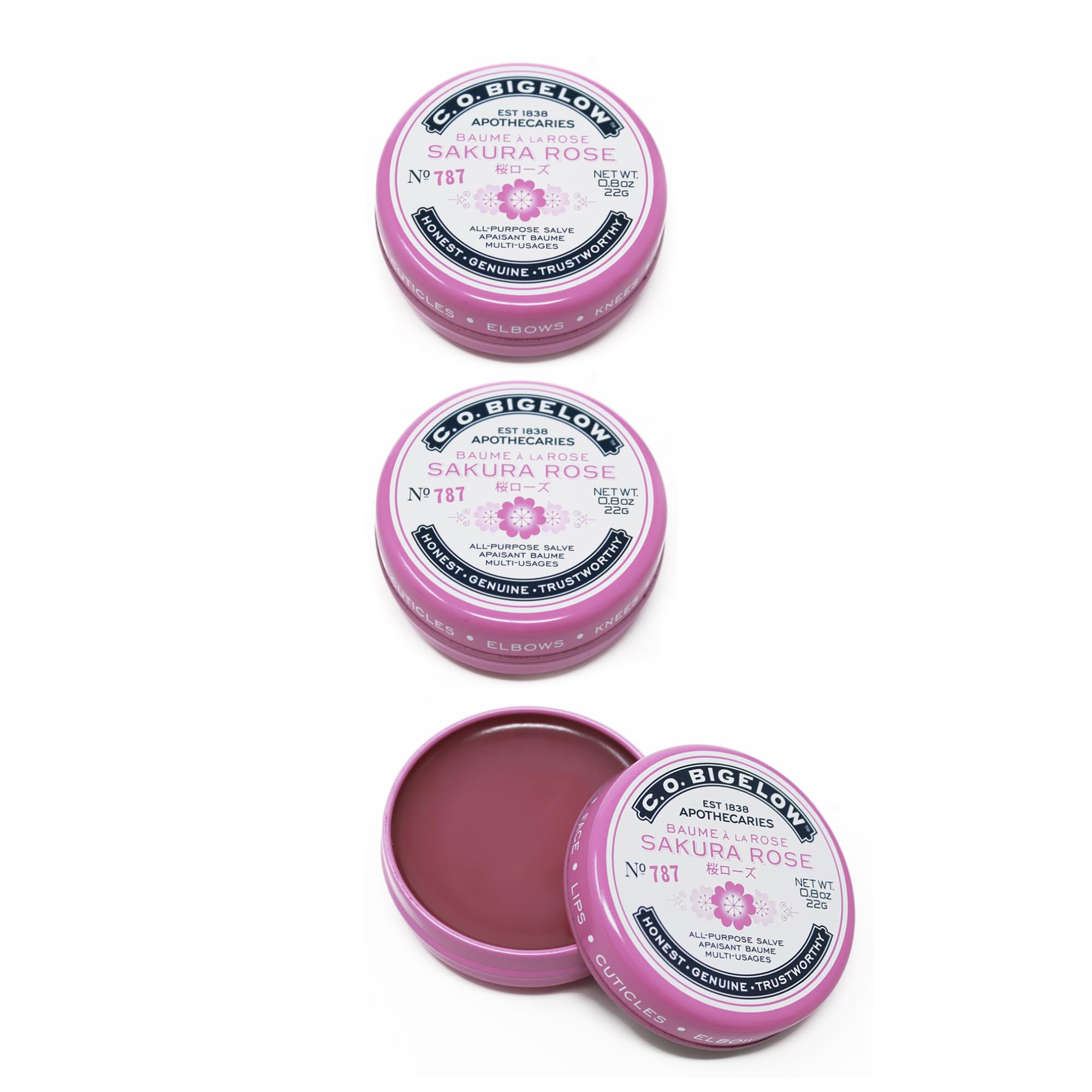 C.O. Bigelow Sakura Rose Salve tin for lip hydration with a rosy aroma.
