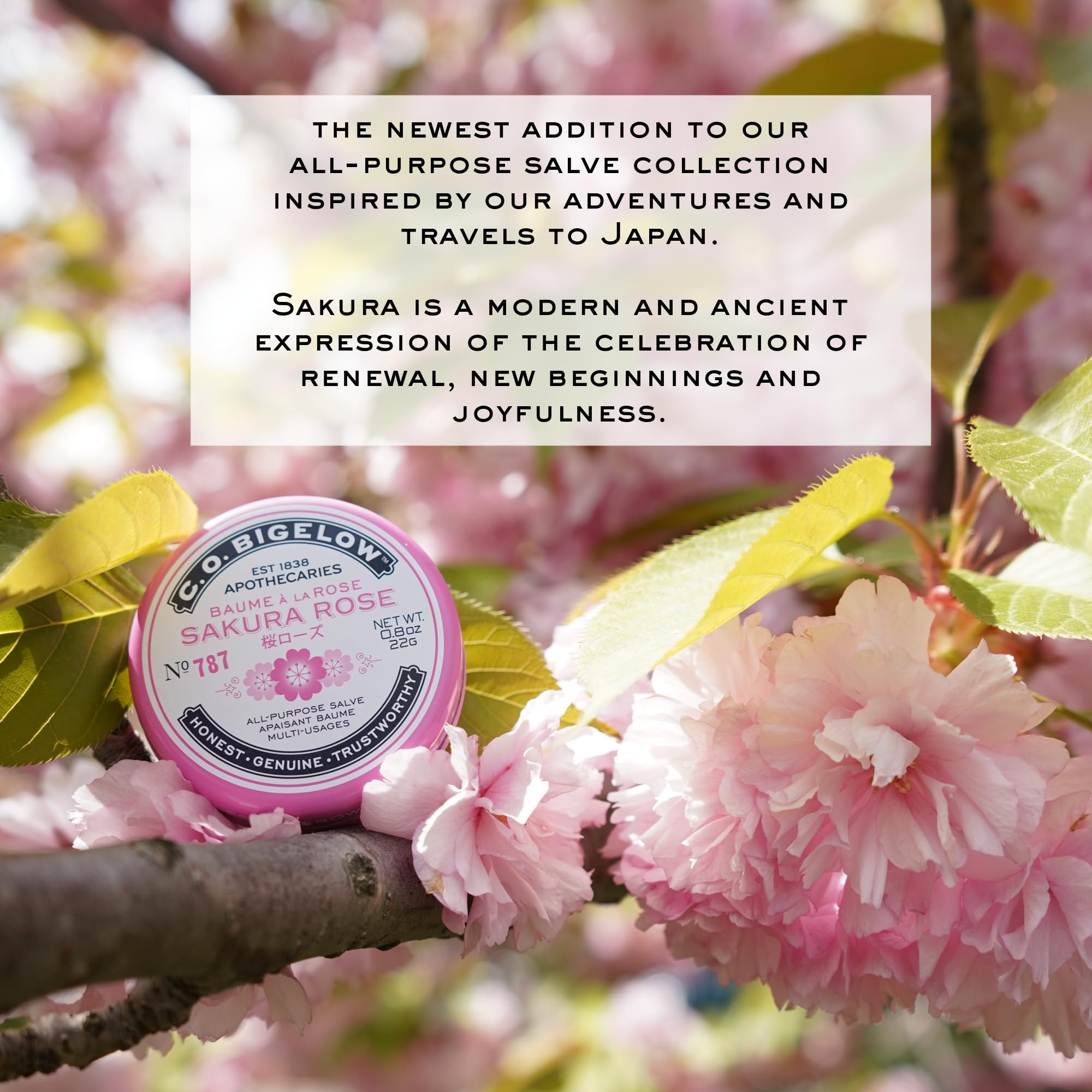 C.O. Bigelow Sakura Rose Salve tin shows cruelty-free, USA-made credentials.