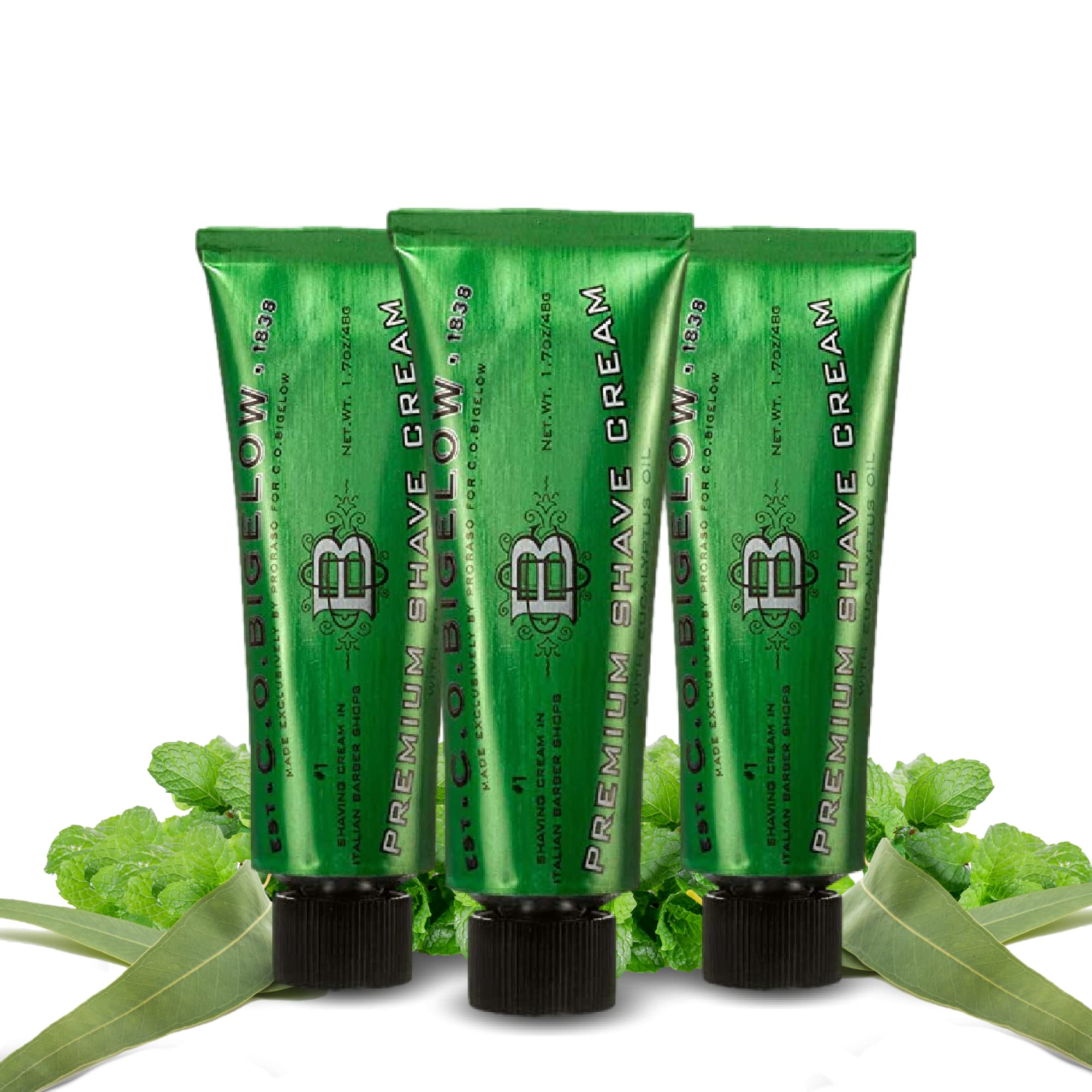C.O. Bigelow travel shaving cream three-pack packaging, travel-friendly option for a smooth shave.