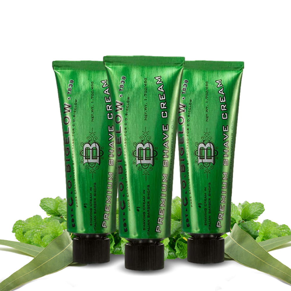 C.O. Bigelow travel shaving cream three-pack packaging, travel-friendly option for a smooth shave.
