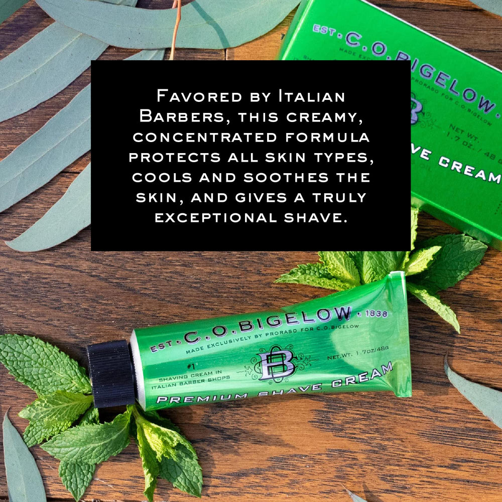 C.O. Bigelow shaving cream eucalyptus oil detail on bottle for a refreshing feel.