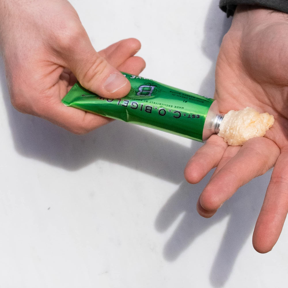 C.O. Bigelow shaving cream demonstrated for facial and body shaving.