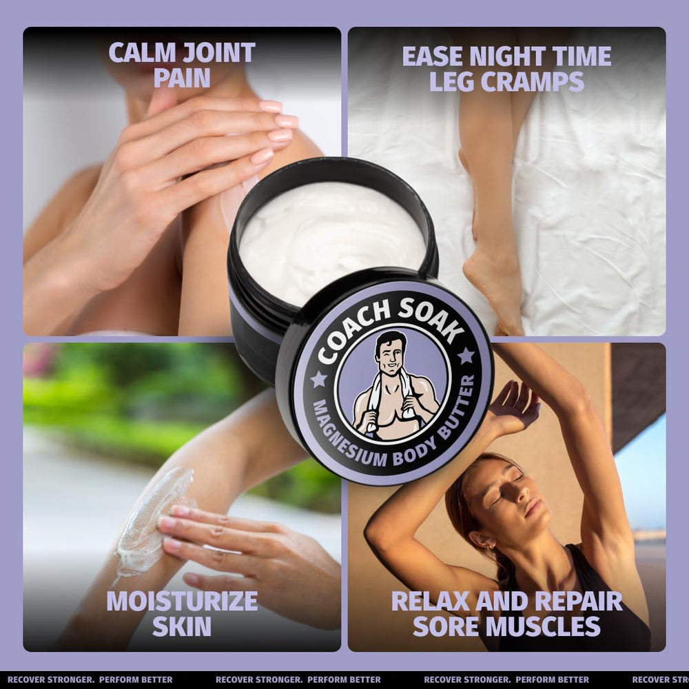 Coach Soak Nighttime Magnesium Body Butter cream texture close-up for deep hydration.