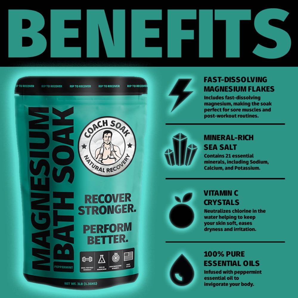 Coach Soak Recovery Bath Soak magnesium-flakes image emphasizes high magnesium content for comfort.