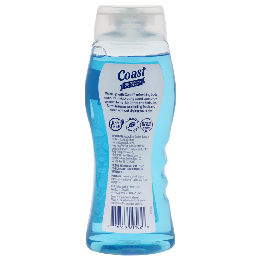 Coast 2-in-1 Hair and Body Wash bottle in shower shows clean-rinsing formula