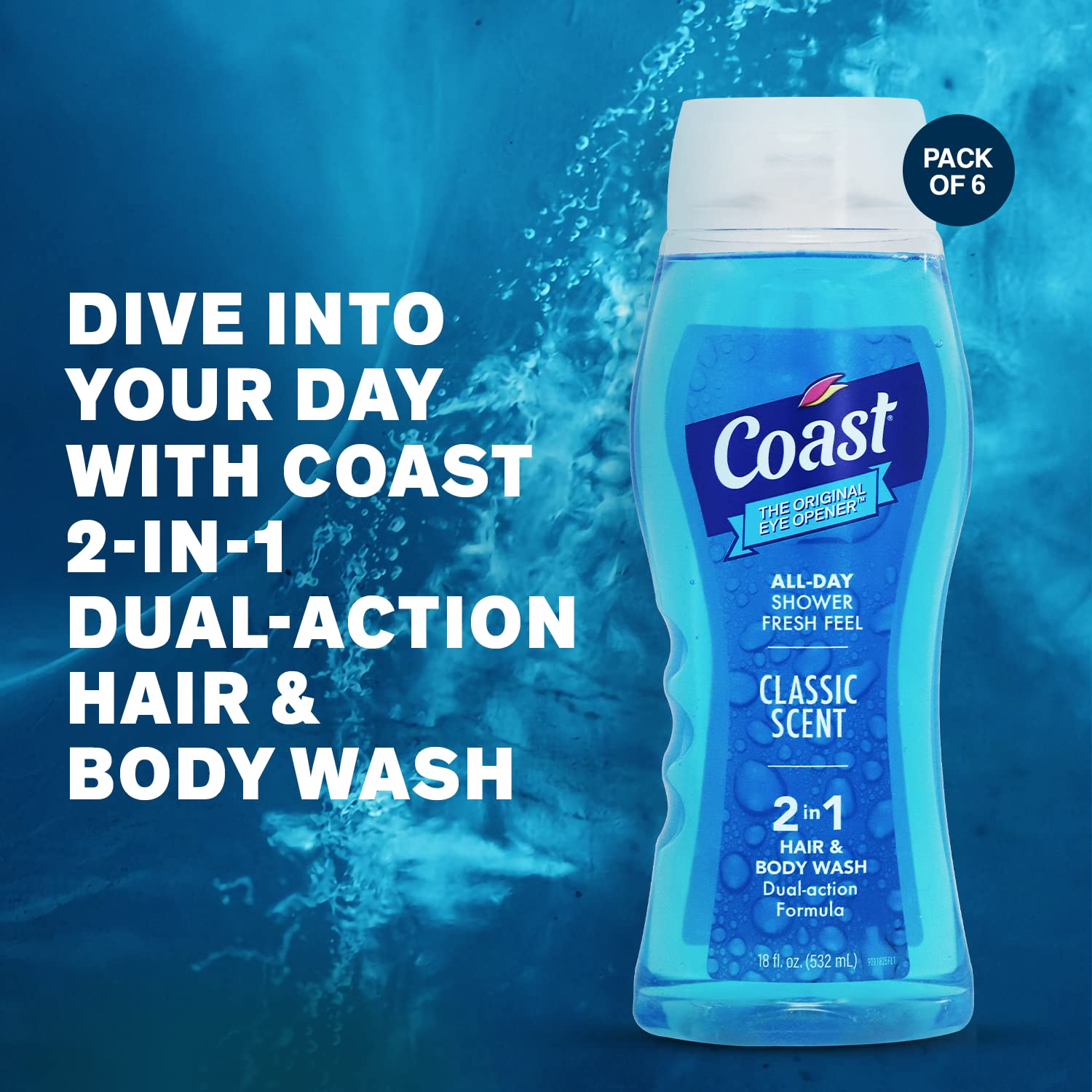 Coast 2-in-1 hair and body wash pour action bottle highlights easy in-shower use