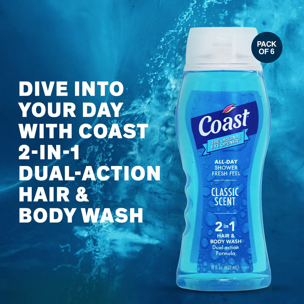 Coast 2-in-1 hair and body wash pour action bottle highlights easy in-shower use