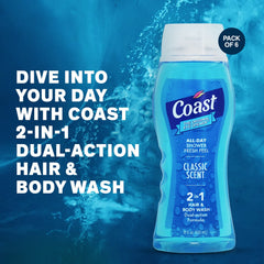 Coast 2-in-1 hair and body wash pour action bottle highlights easy in-shower use