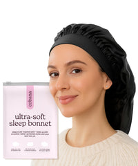 Cobana adjustable satin sleep bonnet side view showcasing slip-resistant fit for all-night wear.