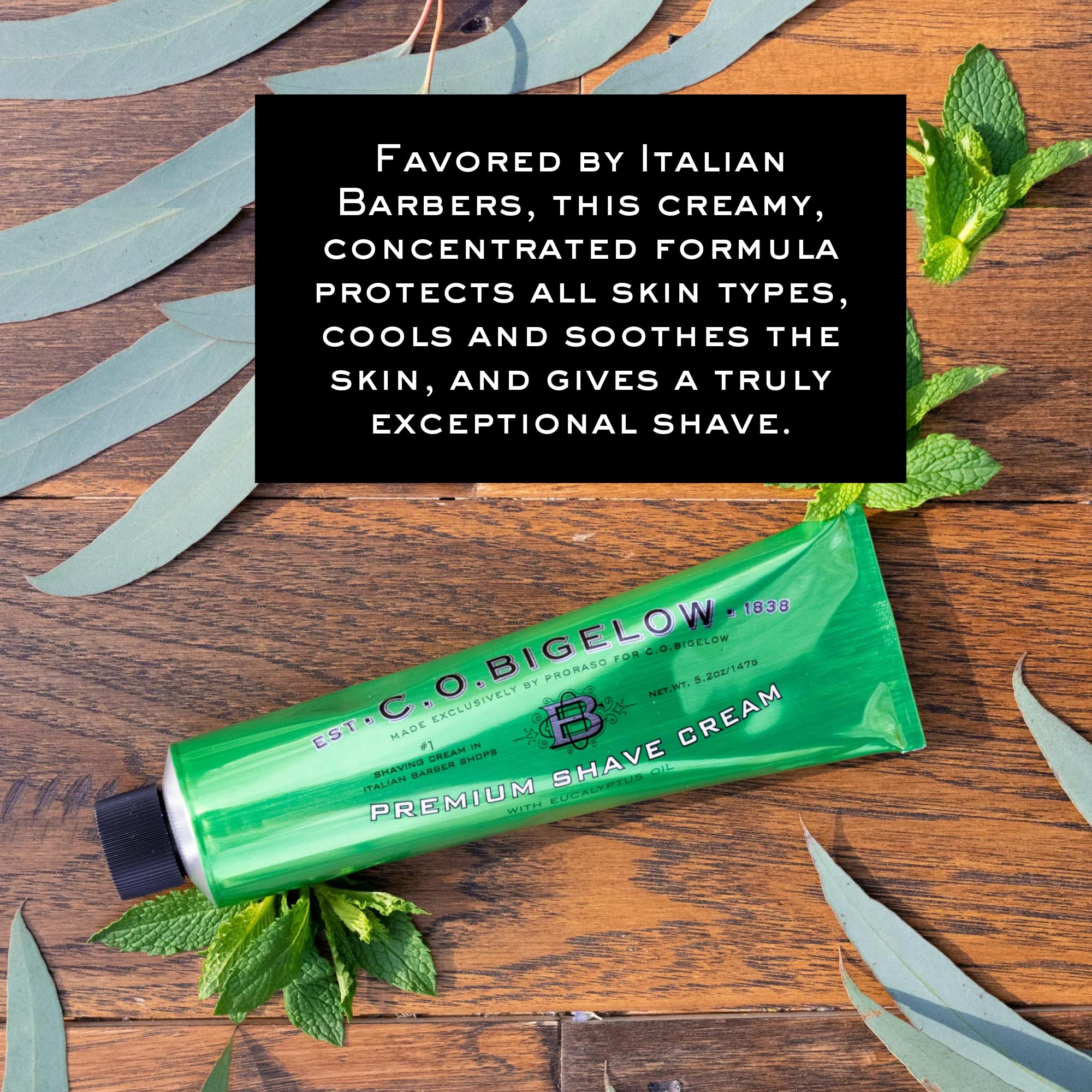 C.O. Bigelow shaving cream with eucalyptus oil highlights calming scent