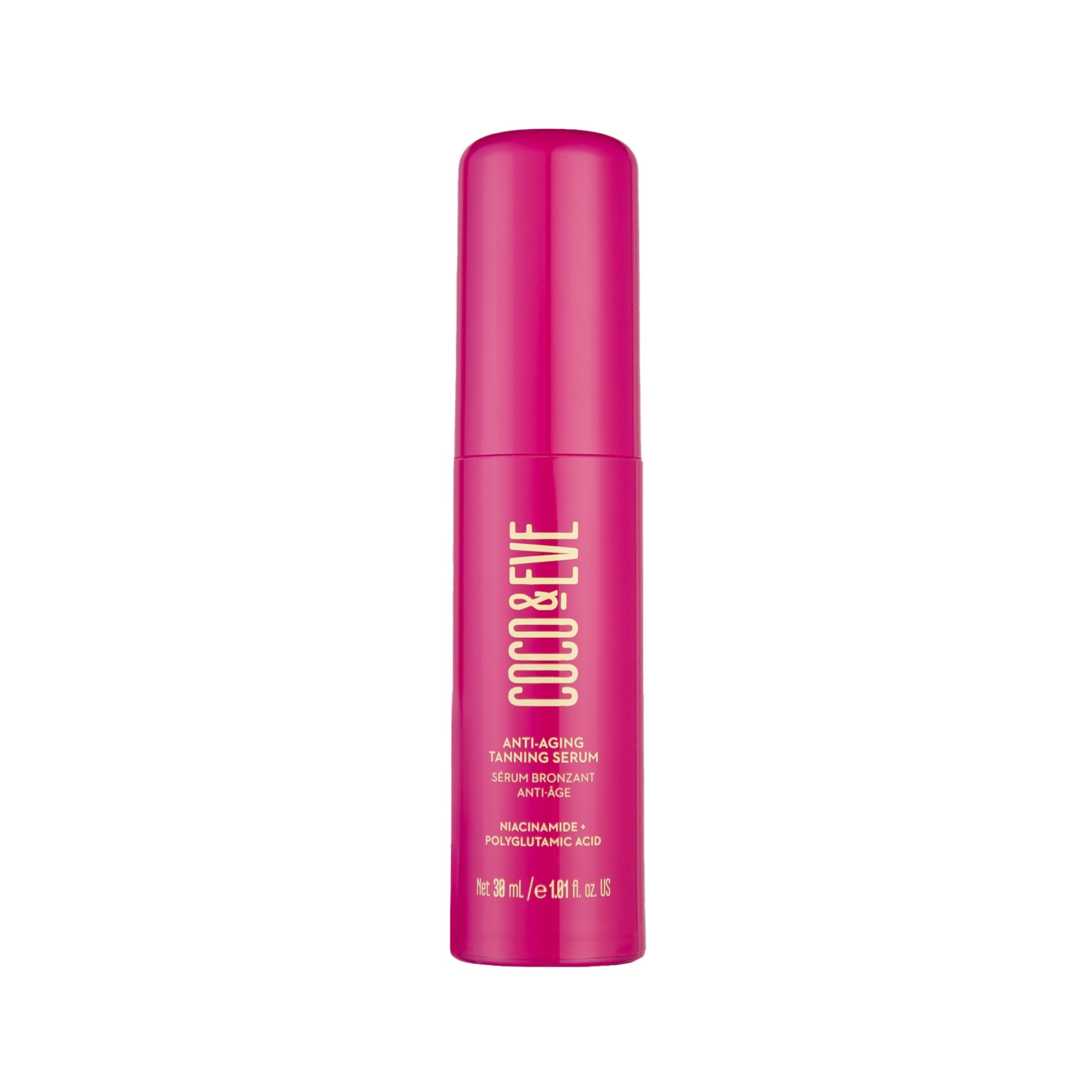 Coco & Eve Anti-Aging Tanning Serum pump delivers a hydrating bronze glow for daily radiance.