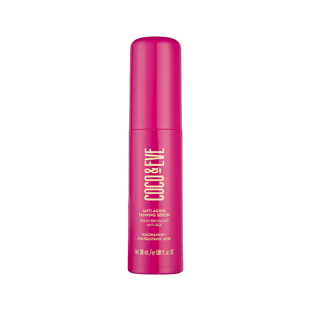 Coco & Eve Anti-Aging Tanning Serum pump delivers a hydrating bronze glow for daily radiance.
