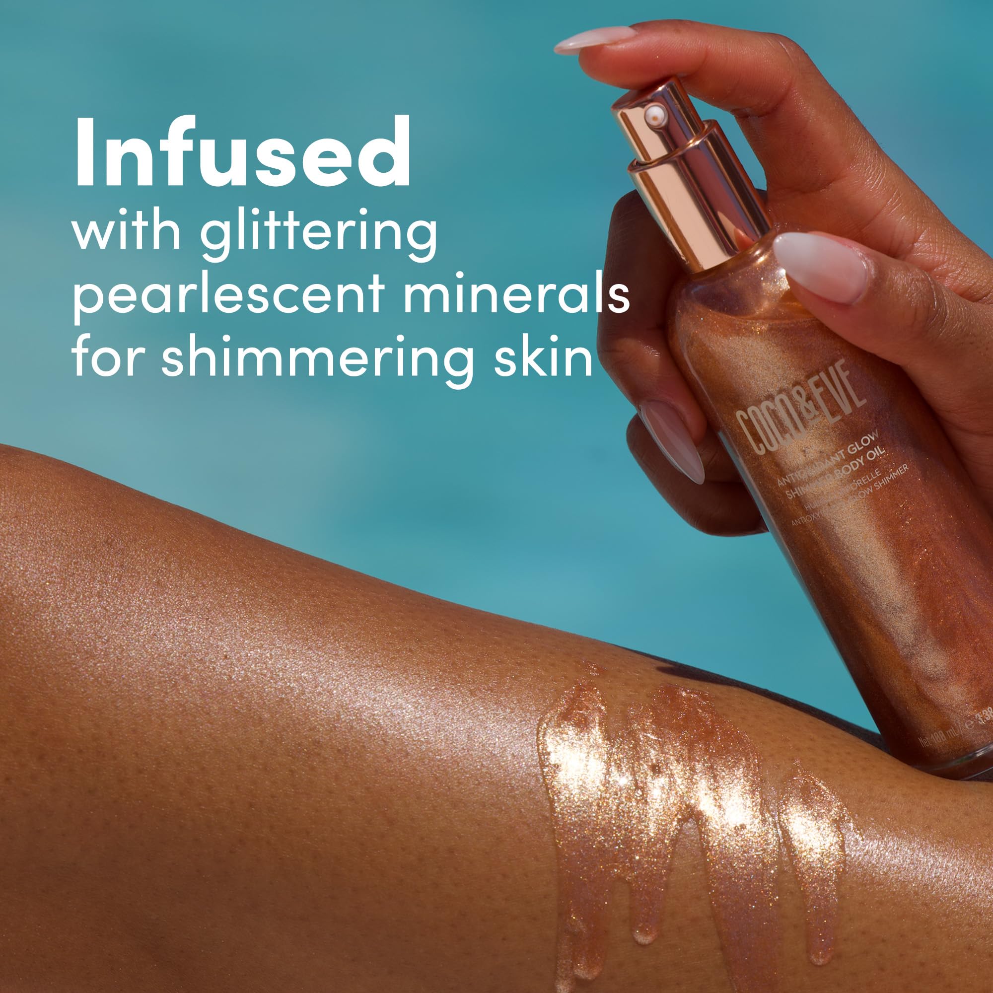 Coco & Eve Antioxidant Glow Shimmer Application Hand depicts easy application and glow.
