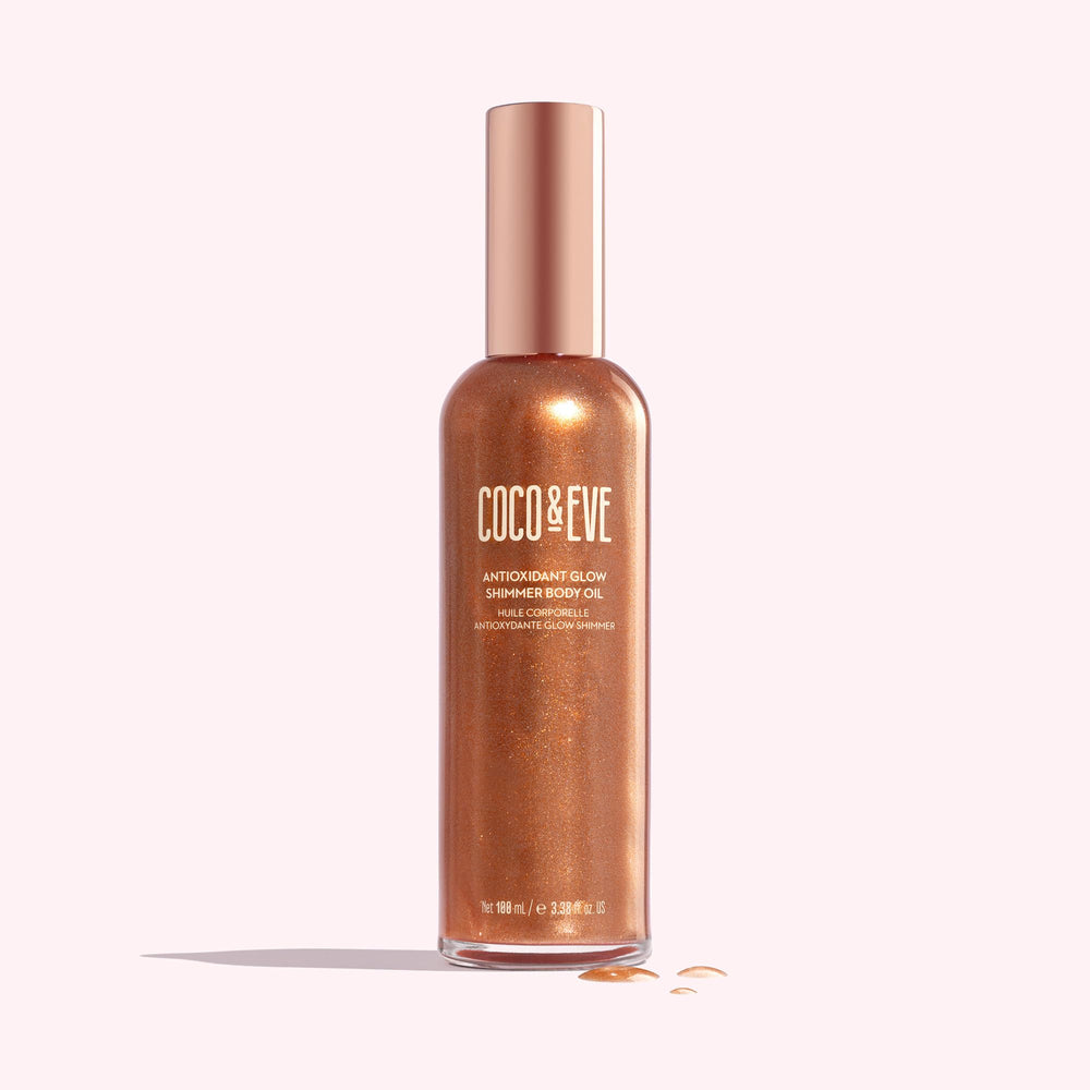Coco & Eve Antioxidant Glow Shimmer Bottle Pour demonstrates even distribution for shimmer.