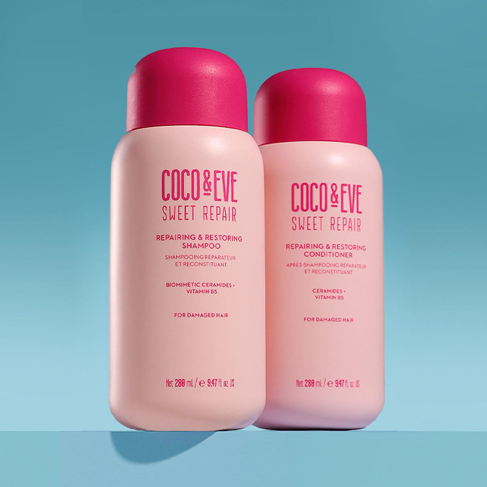 Coco & Eve hair texture before and after using the duo to illustrate strength and frizz reduction