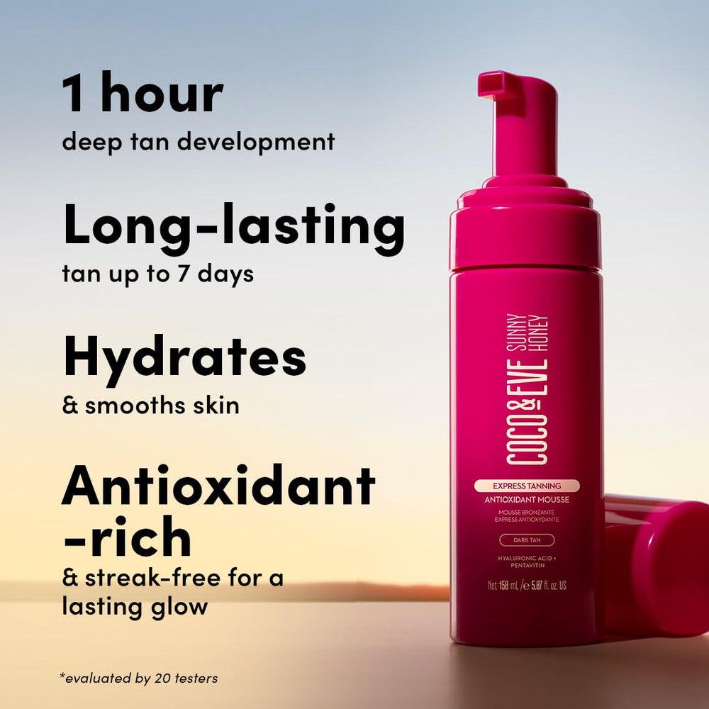 Coco & Eve Express Tanning Mousse with application mitt demonstrates smooth, streak-free blending.