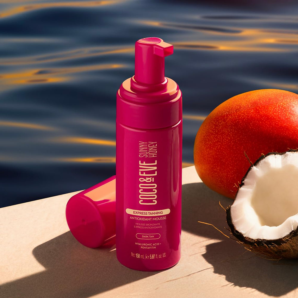 Coco & Eve Express Tanning Mousse finish on leg demonstrates even, long-lasting color.