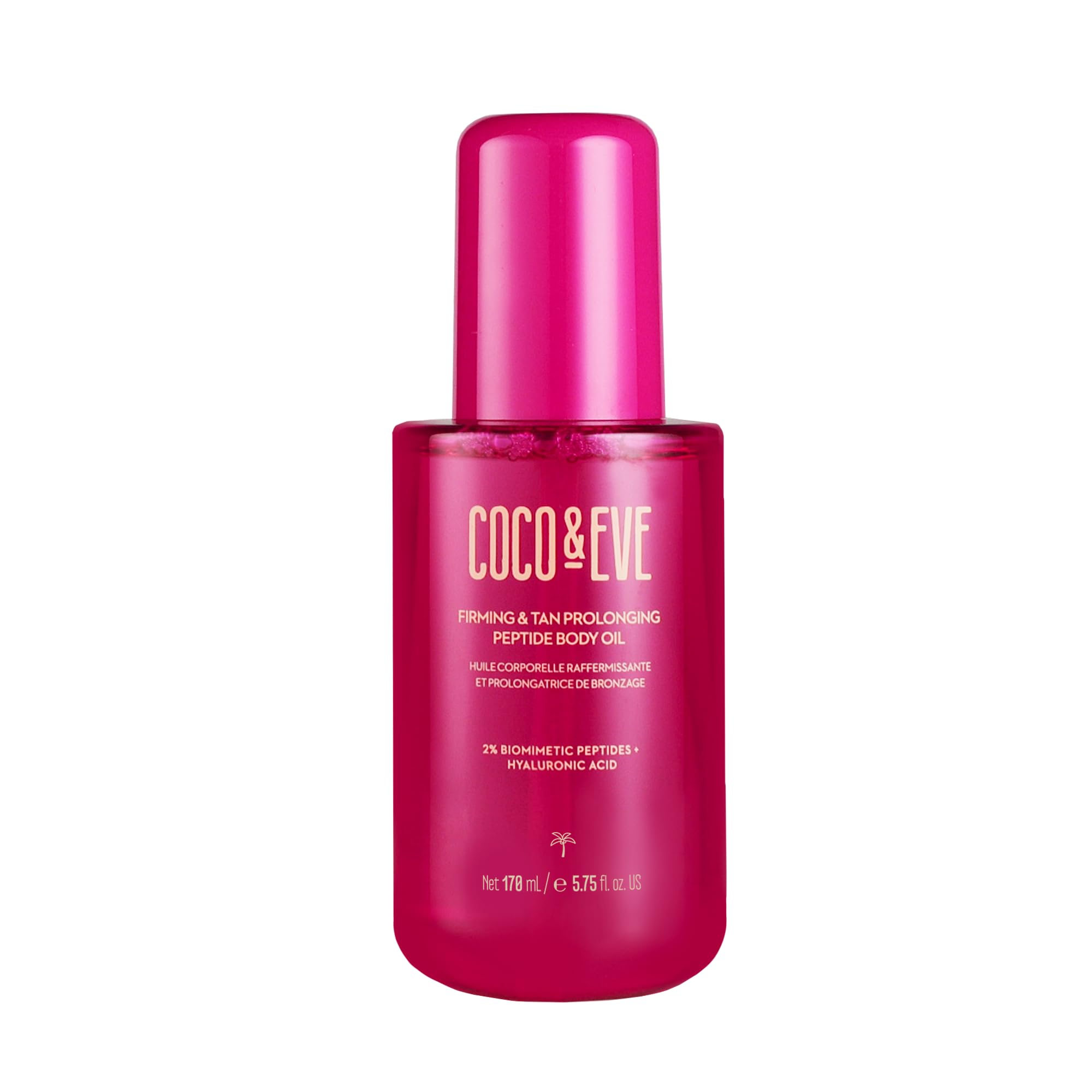 Coco & Eve firming tan prolonging peptide body oil bottle promotes longer-lasting natural tan