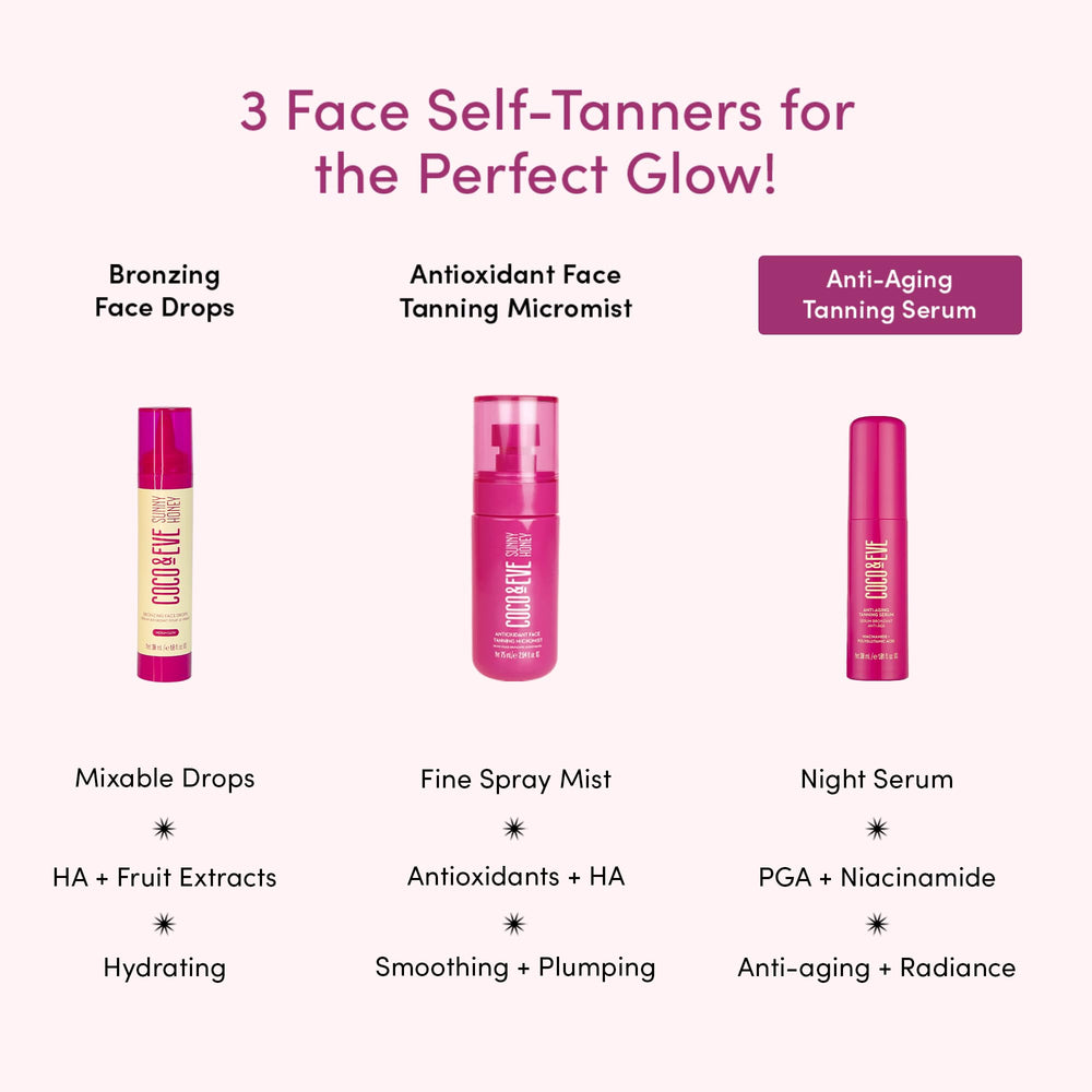 Coco & Eve Anti-Aging Tanning Serum close-up highlights luminous bronzed skin texture.
