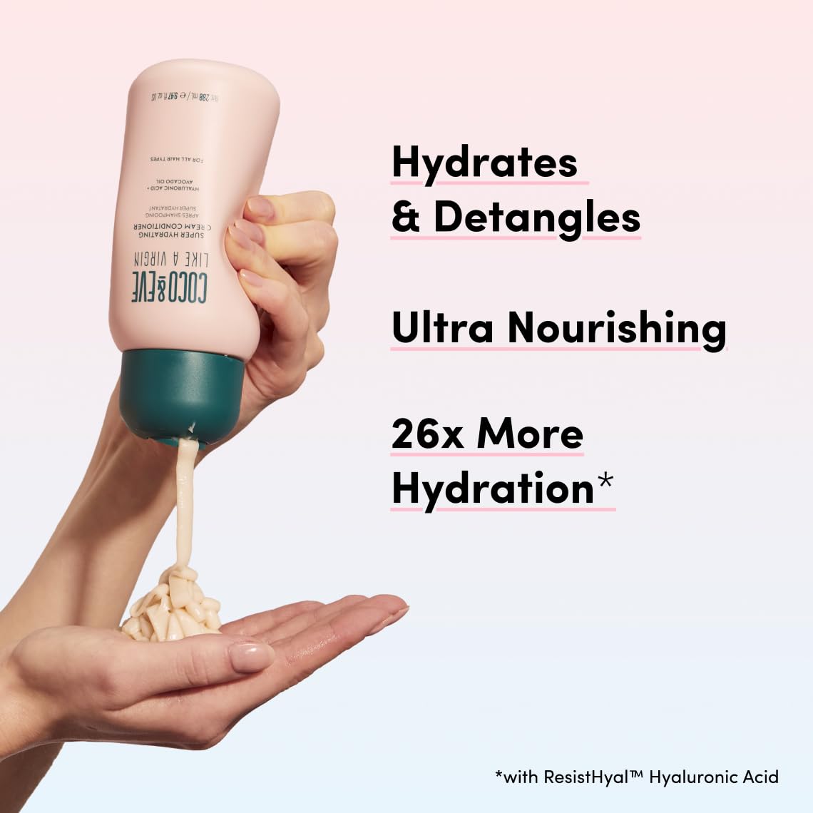 Coco and Eve Like A Virgin conditioner close-up with argan oil droplets.