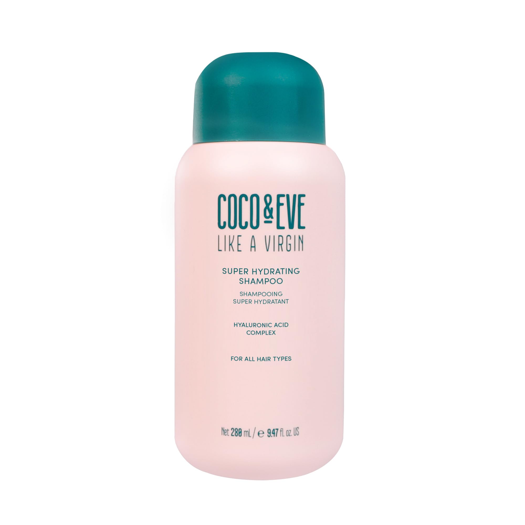 Coco & Eve Like A Virgin shampoo bottle with tropical styling for hydrating cleanse.
