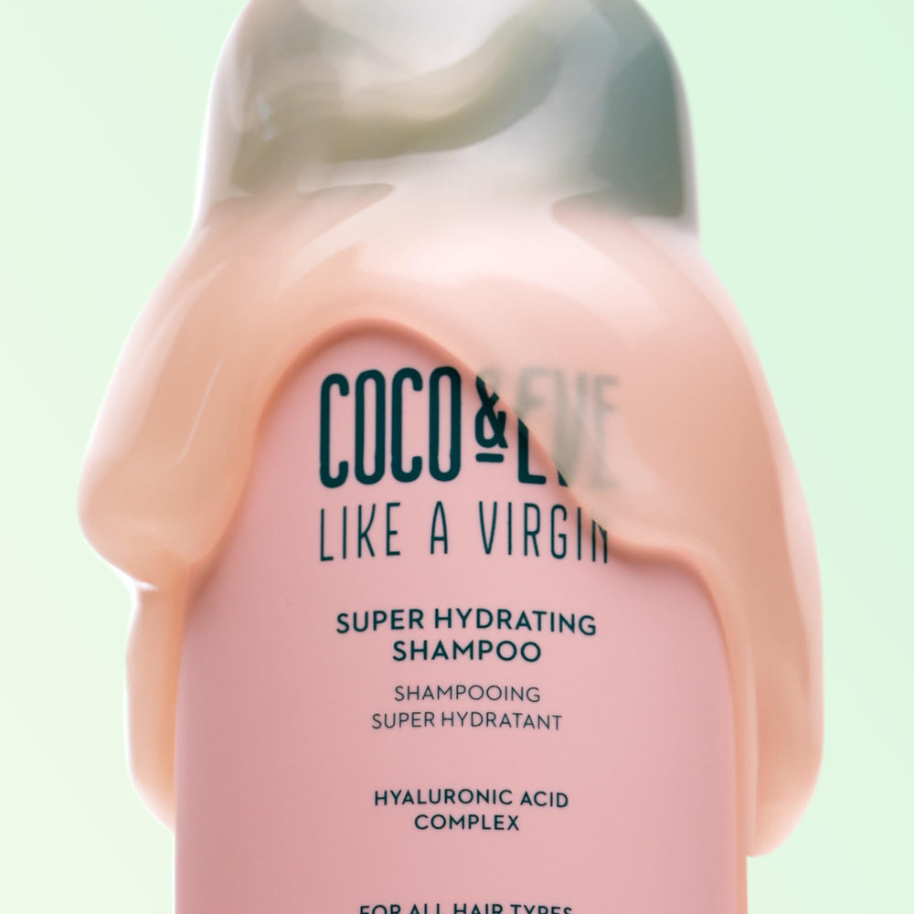 Coco & Eve Like A Virgin shampoo shown beside frizz-free hair close-up.