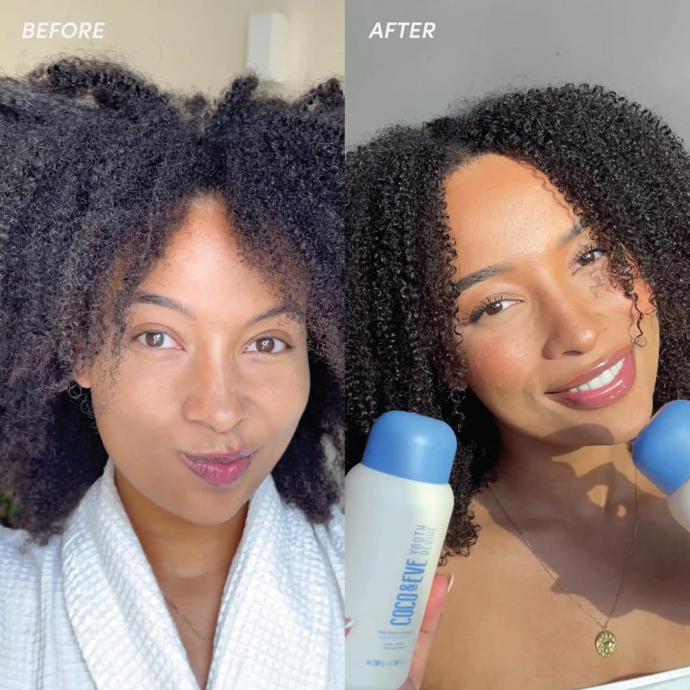Coco & Eve Pro Youth Hair Mask application on hair shows deep hydration and softness.