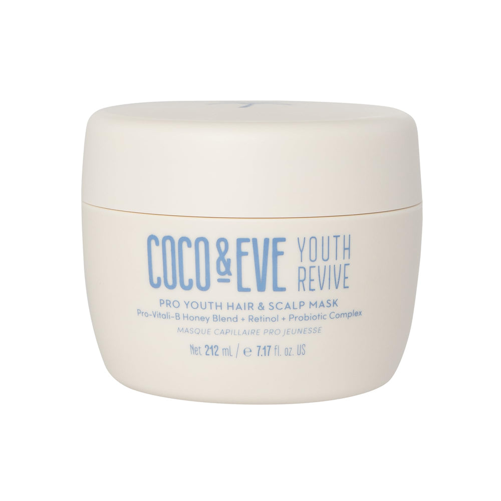 Coco & Eve Pro Youth Hair Mask bottle closeup highlights nourishing formula for youthful shine.