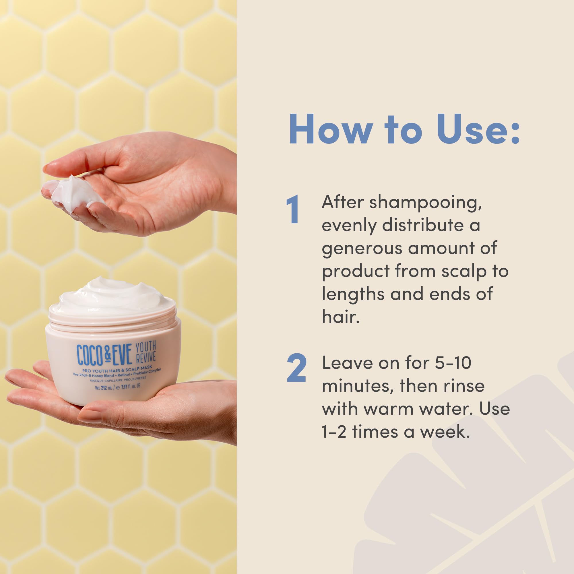 Coco & Eve Pro Youth Hair Mask honey scent enhances wash-day ritual.