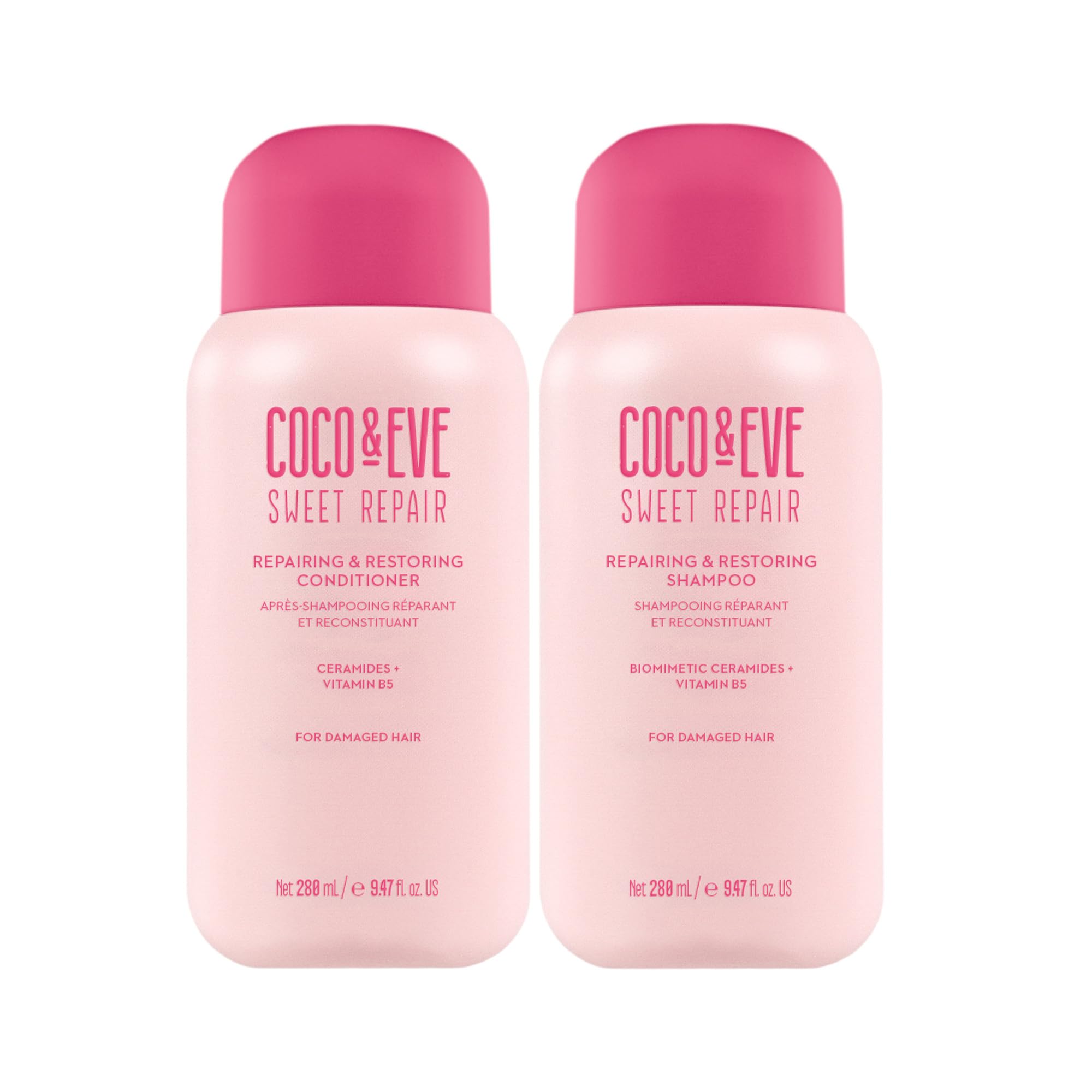 Coco & Eve Repair & Restore shampoo bottle showing hydrating formula for damaged hair