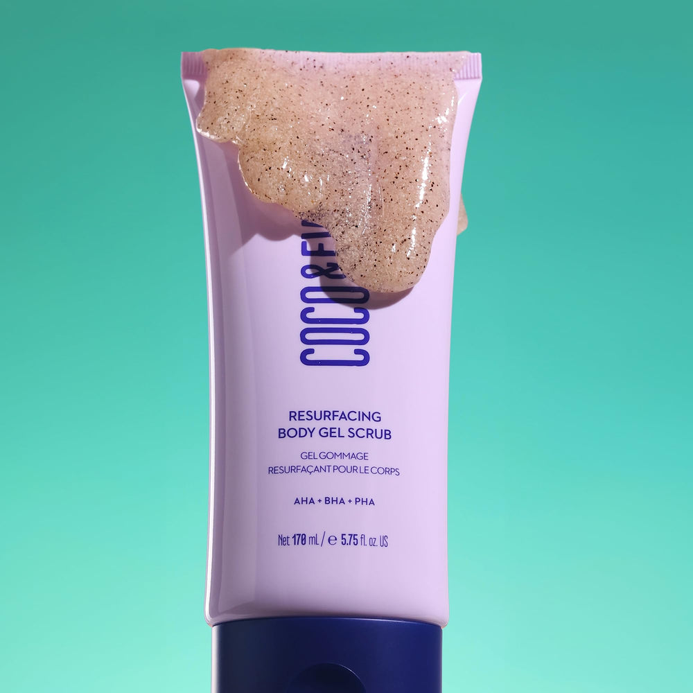 Coco & Eve Resurfacing Body Gel Scrub application scene promotes even-toned results
