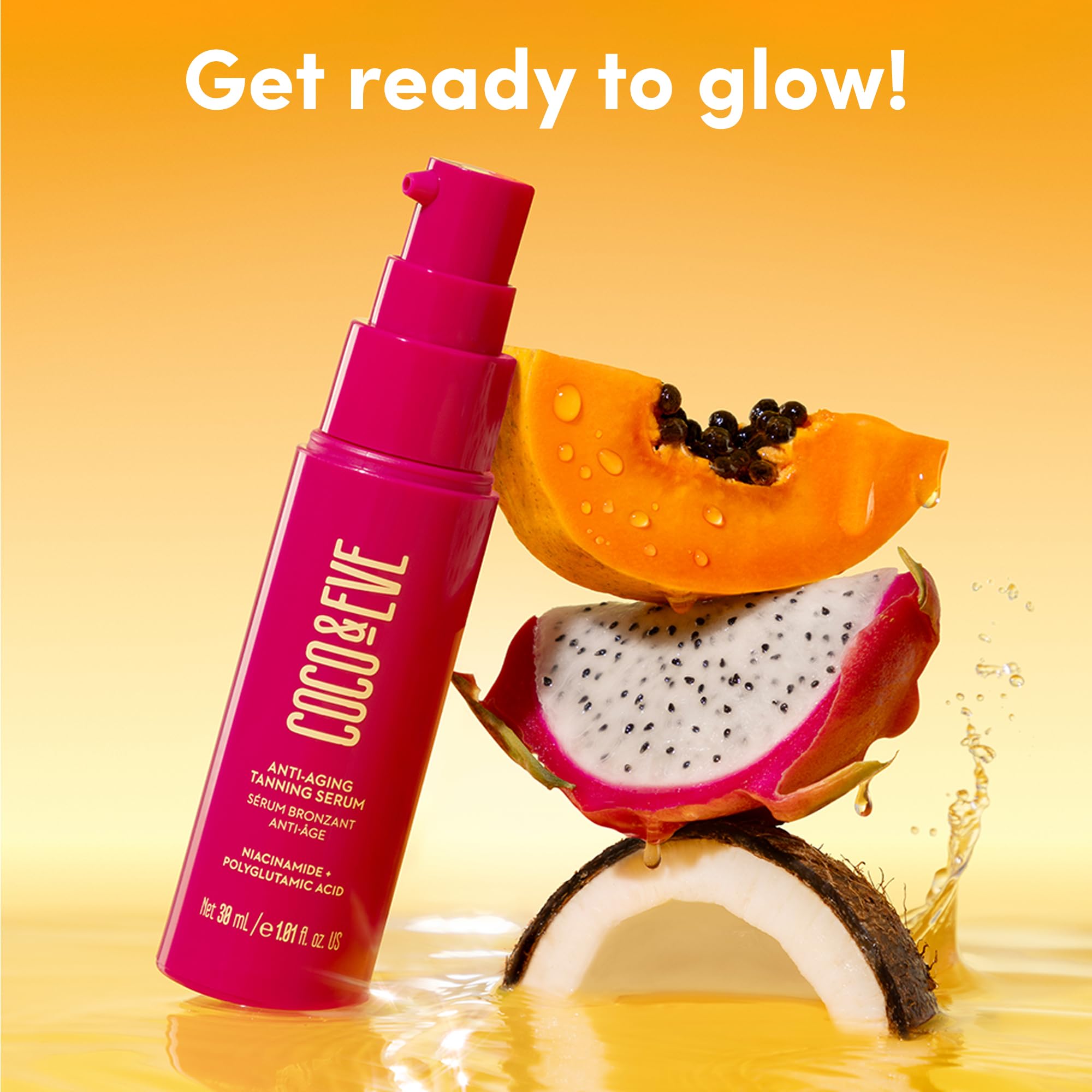 Coco & Eve Self-Tanner glow application offers an even tone and easy blending for a natural look.