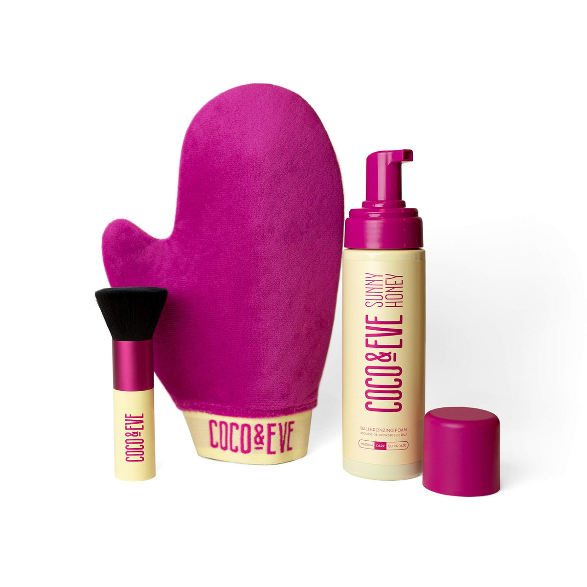 Coco & Eve Sunny Honey Bali bronzing bundle packaging evokes natural glow as the first impression.