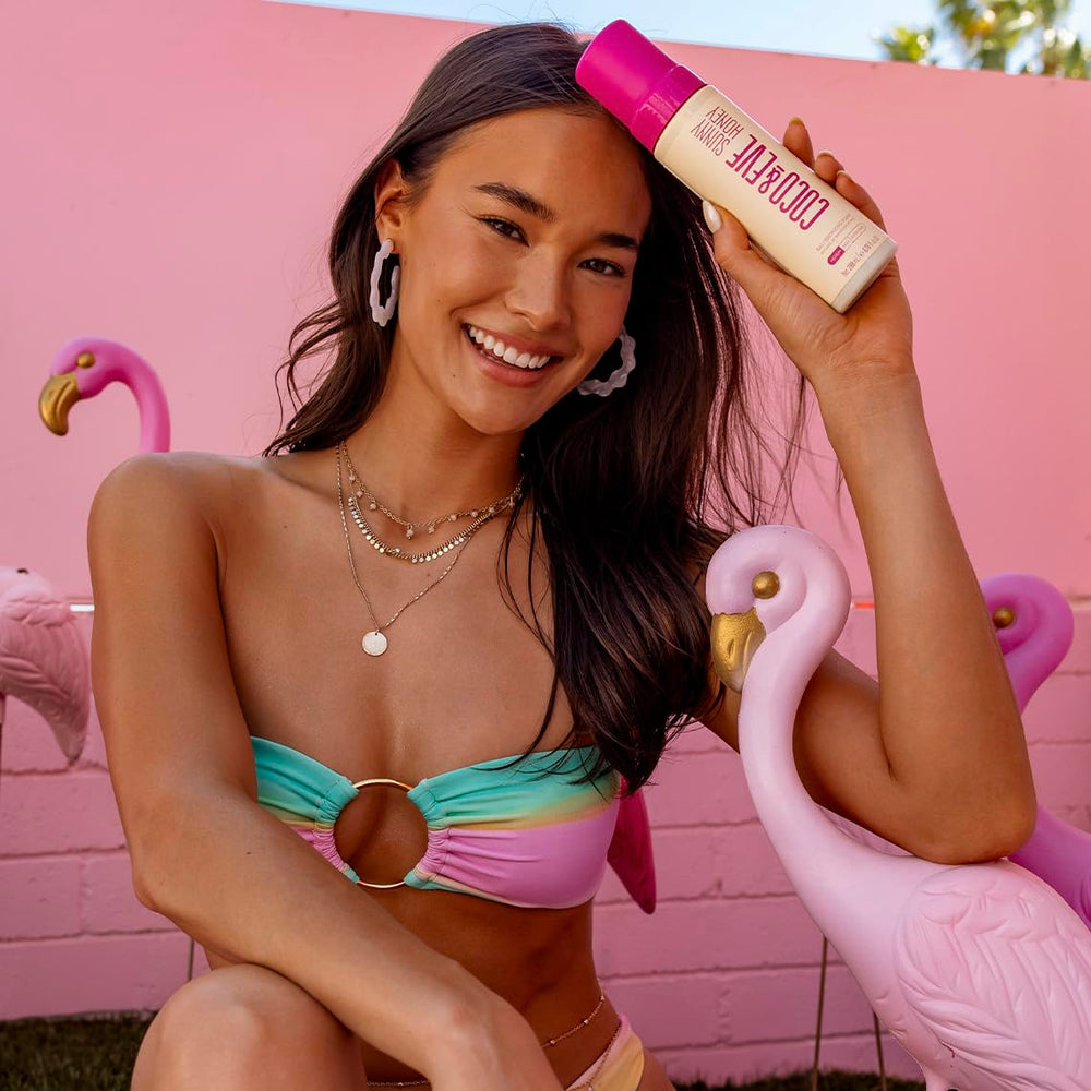 Coco & Eve Sunny Honey Bali close-up on packaging highlighting vegan, cruelty-free claims.