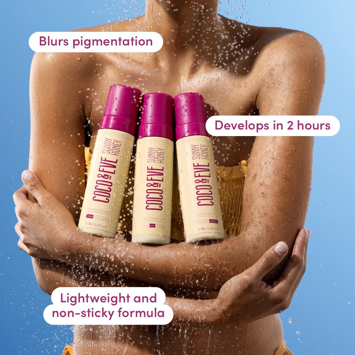 Coco & Eve Sunny Honey Bali mousse on the face for a gentle, even dusk tint.